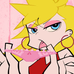Rule 34 | 10s, blonde hair, blue eyes, dress, earrings, eyeshadow, holding, holding clothes, holding panties, holding underwear, hoop earrings, jewelry, long hair, makeup, official style, panties, panty &amp; stocking with garterbelt, panty (psg), pink panties, red dress, solo, tongue, tongue out, underwear, ze-n