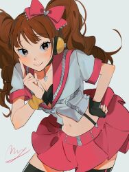 Rule 34 | 1girl, black gloves, blush, brown eyes, brown hair, closed mouth, collarbone, commentary, fingerless gloves, gloves, grey background, hand on own hip, idol, index finger raised, kujikawa rise, long hair, looking at viewer, midriff, momotamago, navel, official alternate costume, persona, persona 4, persona 4: dancing all night, pink skirt, shirt, short sleeves, signature, simple background, single glove, skirt, smile, solo, twintails, white shirt