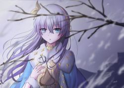 Rule 34 | 1girl, absurdres, anastasia (fate), aqua eyes, bad id, bad pixiv id, bare tree, blurry, choker, crown, day, depth of field, doll, fate/grand order, fate (series), hair between eyes, hair blowing, hair ribbon, highres, long hair, looking at viewer, mini crown, mishiro (ixtlolton), mountain, outdoors, overcast, parted lips, ribbon, robe, silver hair, sky, snowing, solo, tree, upper body, wind, winter
