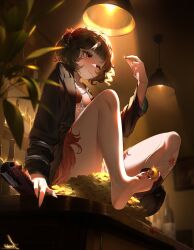 Rule 34 | 1girl, absurdres, bar (place), barefoot, black coat, black hair, bottle, coat, coin, dress, feather dress, feather hair ornament, feathers, feet, flapper girl, gold coin, gun, hair ornament, handgun, highres, holding, holding coin, jewelry, joehi, lamp, long sleeves, no shoes, red dress, red eyes, red feathers, reverse:1999, schneider (reverse:1999), short hair, smile, soles, solo, toes, weapon, wine bottle
