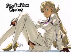 Rule 34 | 1girl, blonde hair, boots, braid, copyright name, dress, fire emblem, fire emblem heroes, gloves, green eyes, high heels, kozaki yuusuke, long hair, long sleeves, nintendo, no armor, official art, pointy footwear, puffy long sleeves, puffy sleeves, shadow, sharena (fire emblem), shoes, signature, simple background, sitting, smile, solo, thigh boots, thighhighs, white background, white dress