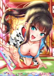 Rule 34 | 1girl, all fours, alternate hairstyle, aqua eyes, artist name, ayase eli, bibi (love live!), black hair, bra, breasts, cleavage, downblouse, extended downblouse, hair ornament, hairclip, hanging breasts, highres, indoors, kurosawa dia, large breasts, long hair, looking at viewer, love live!, love live! sunshine!!, mole, mole under mouth, nishikino maki, noir2more, open mouth, pink bra, ponytail, smile, solo, underwear, yazawa nico