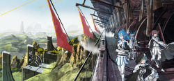 Rule 34 | 3girls, aircraft, airship, black hair, blue hair, blue sky, cape, commentary request, day, fog, gears, gloves, green eyes, green hair, hair ornament, hairclip, holding, holding sword, holding weapon, hood, hood up, horns, multiple girls, nagi itsuki, outdoors, pants, pixiv fantasia, pixiv fantasia t, pointy ears, red eyes, skirt, sky, smile, smoke, squatting, standing, sword, weapon, white cape, white gloves, white pants, white skirt