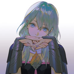 Rule 34 | 1girl, blue eyes, bracer, byleth (female) (fire emblem), byleth (fire emblem), fire emblem, fire emblem: three houses, grey hair, hair between eyes, hands up, kkia, long hair, looking at viewer, nintendo, own hands together, simple background, solo, upper body, white background