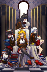 Rule 34 | 4girls, black hair, blake belladonna, blonde hair, blue eyes, book, book on head, book stack, bookshelf, bow, commentary, hair bow, library, multiple girls, niandni, object on head, open book, reading, ruby rose, rwby, sleeping, throne, weiss schnee, yang xiao long