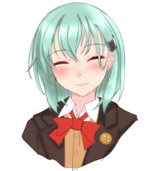 Rule 34 | 1girl, alternate hair length, alternate hairstyle, aqua hair, blazer, bow, bowtie, brown jacket, cardigan, closed eyes, commentary request, cropped torso, hair ornament, hairclip, highres, jacket, kantai collection, nitamako (sakamalh), red bow, red bowtie, school uniform, short hair, simple background, solo, suzuya (kancolle), suzuya kai ni (kancolle), upper body, white background