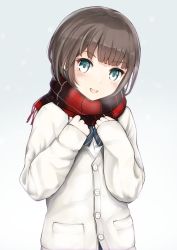 Rule 34 | 1girl, aqua eyes, blush, brown hair, cardigan, enpera, fringe trim, grey background, hands up, looking at viewer, open mouth, original, plaid, plaid scarf, scarf, shimamuucho, simple background, sleeves past wrists, smile, solo, upper body