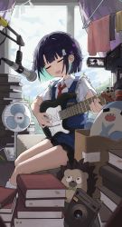 Rule 34 | 1girl, absurdres, ascot, black hair, blue vest, blunt bangs, character request, closed eyes, cloud, cloudy sky, collared shirt, copyright request, day, electric fan, guitar, highres, hill, holding, holding instrument, indoors, instrument, microphone, music, open mouth, red ascot, sentter, shirt, singing, sitting, sky, smile, socks, stuffed animal, stuffed toy, vest, video camera, virtual youtuber, white shirt, white socks, window
