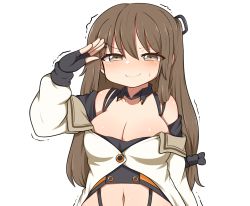 Rule 34 | 1girl, bare shoulders, blush, breasts, brown eyes, brown hair, collarbone, commentary request, crying, crying with eyes open, girls&#039; frontline, highres, hollyeung100, k2 (girls&#039; frontline), korean commentary, medium breasts, navel, salute, simple background, solo, tears, trembling, white background