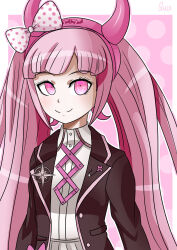 Rule 34 | 1girl, badge, black jacket, border, bow, child, closed mouth, collared jacket, collared shirt, danganronpa (series), danganronpa another episode: ultra despair girls, eyelashes, fake horns, female focus, hair bow, hairband, headband, highres, horned headwear, horns, jacket, long sleeves, looking at viewer, neck ribbon, parted bangs, pink background, pink bow, pink eyes, pink hairband, pink headband, pink headwear, pink horns, pink ribbon, pink trim, polka dot, polka dot bow, quixilvrr, ribbon, safety pin, shirt, signature, simple background, smile, solo, standing, upper body, utsugi kotoko, white border, white bow