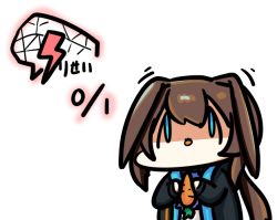 Rule 34 | 1girl, amiya (arknights), animal ears, arknights, black jacket, brown hair, carrot, commentary request, depressed, hair between eyes, holding, jacket, kagami kino, long hair, long sleeves, looking at viewer, open clothes, open jacket, open mouth, ponytail, rabbit ears, sidelocks, simple background, solo, upper body, white background