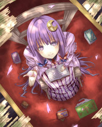 Rule 34 | 1girl, bad perspective, book, bow, chair, crescent, crescent hair ornament, female focus, from above, gurasion (gurasion), hair bow, hair ornament, highres, indoors, long hair, looking at viewer, looking up, no headwear, no headwear, open hand, patchouli knowledge, perspective, petals, purple eyes, purple hair, sitting, solo, touhou, very long hair