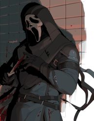 Rule 34 | 1boy, against wall, armband, artist name, belt, blood, blood on clothes, blood on wall, bozo-chan, brick wall, ghostface, gloves, holding, holding knife, hood, hooded jacket, hoodie, jacket, knife, light, male focus, mask, scream (movie), signature, solo, wall