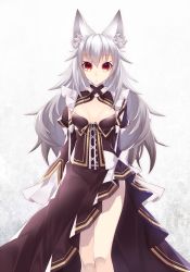 Rule 34 | 1girl, animal ears, breasts, cleavage, cleavage cutout, clothing cutout, fox ears, highres, kawasaki toiro, long hair, looking at viewer, original, red eyes, silver hair, simple background, solo, standing