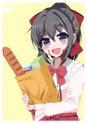 Rule 34 | 1girl, :d, bag, baguette, black hair, blue eyes, blush, blush stickers, bow, bread, burn scar, dorei to no seikatsu ~teaching feeling~, food, grocery bag, hair ornament, hair ribbon, hairclip, happy, head tilt, looking at viewer, open mouth, ponytail, red ribbon, ribbon, scar, shopping bag, simple background, smile, solo, sylvie (dorei to no seikatsu), takahiko, upper body, yellow background