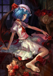 Rule 34 | 1girl, ascot, barefoot, bat wings, blue hair, feet, female focus, flower, hat, hat ribbon, highres, holding, holding flower, l.green, red eyes, red flower, red rose, remilia scarlet, ribbon, rose, sitting, skirt, slit pupils, soles, solo, toes, touhou, wariza, window, wings, wrist cuffs
