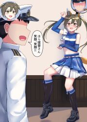 Rule 34 | 1boy, 1girl, admiral (kancolle), animal ears, belt, black hair, blue shirt, blue skirt, body switch, cheerleader, commission, crop top, dated, detached sleeves, fake animal ears, fox ears, fox tail, green eyes, green hair, hat, highres, hokkaido nippon-ham fighters, kantai collection, kitsune dance, layered skirt, midriff, military, military uniform, navel, nippon professional baseball, nuppunuppu, official alternate costume, open mouth, paw pose, personality switch, pleated skirt, shirt, skeb commission, skirt, sleeveless, sleeveless shirt, tail, translation request, twintails, uniform, white belt, zuikaku (kancolle)