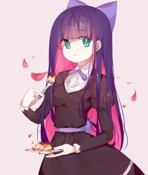 Rule 34 | 1girl, aqua hair, blue hair, bow, cake, colored inner hair, food, gothic lolita, grey background, hair bow, lolita fashion, long hair, looking at viewer, multicolored hair, nyaruin, panty &amp; stocking with garterbelt, pink hair, simple background, solo, stocking (psg), thighhighs, two-tone hair