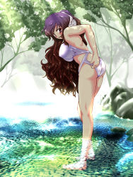 Rule 34 | 1girl, adjusting clothes, adjusting swimsuit, bad id, bad pixiv id, breasts, dappled sunlight, day, female focus, gradient hair, hijiri byakuren, kneepits, large breasts, long hair, multicolored hair, purple eyes, solo, sparkle, stomach, sunlight, swimsuit, thighs, touhou, tsuki hana, very long hair, wading