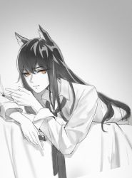 Rule 34 | 1girl, animal ears, arknights, cigarette, collared shirt, dress shirt, grey background, greyscale, hair between eyes, highres, holding, holding cigarette, holding lighter, lighter, long hair, long sleeves, looking at viewer, lying, monochrome, necktie, on bed, on stomach, shirt, simple background, solo, spot color, texas (arknights), was775, wolf ears, yellow eyes