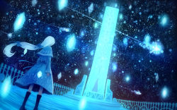 Rule 34 | 1girl, blue dress, blue ribbon, blue theme, boots, commentary request, dress, fantasy, from behind, glowing, hair ribbon, long hair, long sleeves, magic, night, night sky, original, pillar, railing, ribbon, sakimori (hououbds), scenery, sky, solo, star (sky), starry sky, white hair