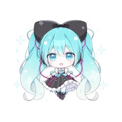 Rule 34 | 1girl, :d, absurdly long hair, black bow, black dress, black footwear, blue eyes, blue hair, blue necktie, boots, bow, chibi, collared shirt, dress, frilled dress, frills, full body, gloves, gradient hair, hair bow, hatsune miku, headphones, knee boots, long hair, looking at viewer, magical mirai (vocaloid), magical mirai miku, magical mirai miku (2016), mattang, multicolored hair, necktie, open mouth, pantyhose, puffy short sleeves, puffy sleeves, shirt, short sleeves, simple background, sleeveless, sleeveless dress, smile, solo, sparkle, star (symbol), striped clothes, striped dress, vertical-striped clothes, vertical-striped dress, very long hair, vocaloid, white background, white gloves, white hair, white pantyhose, white shirt
