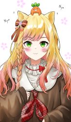 Rule 34 | 1girl, :3, absurdres, animal ears, blonde hair, blush, bow, braid, carrot, cat ears, cat girl, closed mouth, flower, frills, green eyes, hair ornament, highres, hololive, lds (dstwins97), long hair, long sleeves, looking at viewer, momosuzu nene, momosuzu nene (casual), multicolored hair, orange hair, oversized clothes, parted bangs, pink flower, pink hair, puffy long sleeves, puffy sleeves, red neckwear, simple background, solo, streaked hair, upper body, virtual youtuber, white background