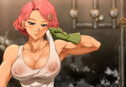 Rule 34 | 10s, 1girl, armpits, bare shoulders, biceps, blush, breasts, cleavage, covered erect nipples, female focus, gloves, goggles, goggles on head, green eyes, green gloves, koutetsujou no kabaneri, large breasts, muscular, muscular female, nipples, parted lips, pink hair, see-through, shirt, short hair, shoujo donburi, solo, steampunk, sweat, tank top, upper body, wet, wet clothes, wet shirt, yukina (kabaneri)