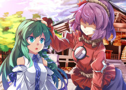 Rule 34 | 2girls, aqua eyes, architecture, bent over, blouse, cloud, commentary request, day, detached sleeves, dutch angle, e.o., east asian architecture, green hair, hair ornament, hair tubes, hand on another&#039;s head, kochiya sanae, long hair, looking at another, mirror, moriya shrine, multiple girls, outdoors, parted lips, purple hair, red shirt, rope, shaded face, shimenawa, shirt, short hair, snake hair ornament, touhou, tree, upper body, yasaka kanako