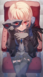 Rule 34 | 1girl, au ra, black gloves, black thighhighs, blonde hair, commentary request, dragon horns, final fantasy, final fantasy xiv, garter straps, gloves, hair between eyes, highres, horns, khr 39, looking at viewer, mask, multicolored hair, red eyes, scales, short hair, sitting, smile, solo, streaked hair, thighhighs, unworn mask, warrior of light (ff14)