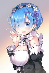 Rule 34 | 1girl, ayamy, blue eyes, blue hair, blush, breasts, cleavage, commentary, frills, from side, gradient background, hair ornament, hair over one eye, hairclip, hand up, heart, highres, looking at viewer, maid, medium breasts, open mouth, re:zero kara hajimeru isekai seikatsu, rem (re:zero), roswaal mansion maid uniform, short hair, signature, solo