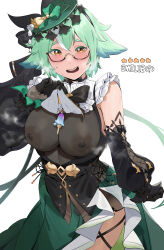 Rule 34 | 1girl, ?, animal ears, black gloves, blush, bodystocking, breasts, character name, commentary, cosplay, detached sleeves, emilie (genshin impact), emilie (genshin impact) (cosplay), english commentary, genshin impact, glasses, gloves, green hair, hat, highres, large breasts, lifting own clothes, long hair, looking at viewer, multicolored hair, nipples, okpriko, open mouth, orange eyes, see-through, semi-rimless eyewear, shirt, smile, solo, streaked hair, sucrose (genshin impact), white background, white shirt
