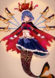 Rule 34 | 1girl, aisucremee, alternate form, blue eyes, blue hair, blue skirt, bow, bowtie, cape, cloak, crown, dot mouth, earrings, fins, fish tail, fortissimo, full body, gloves, highres, jewelry, looking at viewer, mahou shoujo madoka magica, mahou shoujo madoka magica (anime), miki sayaka, navel, oktavia von seckendorff, outstretched arms, pink bow, pink bowtie, red cape, skirt, solo, spread arms, sword, tail, torn cloak, torn clothes, weapon, white gloves
