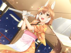 Rule 34 | 1girl, :d, absurdres, alternate costume, animal ear fluff, animal ears, apron, argyle, argyle clothes, argyle kimono, brown eyes, brown hair, commentary request, dhole (kemono friends), dog ears, dog tail, extra ears, gloves, hair between eyes, highres, indoors, japanese clothes, kemono friends, kimono, looking at viewer, medium hair, night, obi, object request, open mouth, orange kimono, sash, shiraha maru, signature, smile, solo, sparkle, tail, teeth, upper teeth only, waist apron, white gloves