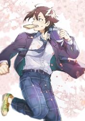 Rule 34 | 1boy, bag, belt, black belt, black hair, black jacket, blue bag, blurry, blush, bread slice, buttons, depth of field, fate/grand order, fate (series), food, food in mouth, highres, holding, holding bag, jacket, long sleeves, male focus, mandricardo (fate), mouth hold, multicolored hair, necktie, pants, petals, plaid, plaid pants, running, school uniform, shirt, short hair, solo, spring (season), streaked hair, striped necktie, sweatdrop, toast, toast in mouth, tumikilondon5, white shirt, yellow footwear
