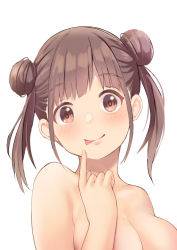Rule 34 | 1girl, :p, blush, breasts, brown eyes, brown hair, cleavage, collarbone, double bun, hair bun, idolmaster, idolmaster shiny colors, koukoku, looking at viewer, medium breasts, medium hair, nude, simple background, smile, solo, sonoda chiyoko, tongue, tongue out, twintails, upper body, white background