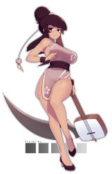 Rule 34 | 1girl, absurdres, artist name, bare arms, bare legs, bare shoulders, black footwear, blunt bangs, breasts, brown hair, china dress, chinese clothes, closed mouth, commentary, dress, english commentary, fizintine, full body, hair bun, hair ornament, high heels, highres, holding, instrument, kunai, large breasts, long hair, looking to the side, original, scythe, shamisen, sideboob, simple background, single hair bun, solid circle pupils, solo, standing, standing on one leg, thighs, v-shaped eyebrows, weapon, white background, wrist cuffs