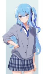 Rule 34 | 1girl, absurdres, aneal (syuuumaeee), blue eyes, blue hair, blue necktie, blue ribbon, blue sky, closed mouth, collared shirt, commentary request, cowboy shot, grey jacket, hair ribbon, hand on own hip, highres, hololive, hoshimachi suisei, jacket, long hair, long sleeves, looking at viewer, necktie, one side up, plaid, plaid skirt, pleated skirt, ribbon, school uniform, shirt, skirt, sky, sleeves rolled up, smile, solo, standing, star (symbol), star in eye, symbol in eye, uniform, virtual youtuber, white shirt