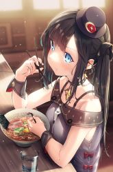 Rule 34 | 1girl, absurdres, amamami prime, black hair, black hat, black shirt, blue eyes, blunt bangs, blurry, blurry background, blush, bow, bowl, choker, chopsticks, collarbone, commentary request, earrings, eating, food, genshin impact, glass, hair ribbon, hat, highres, holding, holding chopsticks, indoors, jewelry, long hair, looking at viewer, mona (genshin impact), necklace, noodles, nori (seaweed), ramen, ribbon, shirt, sidelocks, sitting, solo, spring onion, star (symbol), star earrings, star necklace, table, wrist cuffs