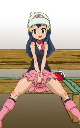 Rule 34 | 1girl, artist request, bare shoulders, beanie, bench, between legs, black shirt, black socks, blue eyes, blue hair, boots, breasts, brown background, collarbone, covered erect nipples, creatures (company), dawn (pokemon), female focus, game freak, gradient background, hair ornament, hairclip, hand between legs, hat, highres, jpeg artifacts, kneehighs, long hair, looking at viewer, matching hair/eyes, nintendo, npc trainer, own hands together, pink footwear, pink neckwear, pink skirt, player character, poke ball, poke ball print, poke ball theme, pokemon, pokemon dppt, scarf, shirt, simple background, sitting, skirt, sleeveless, sleeveless shirt, small breasts, smile, socks, solo, spread legs, tongue, tongue out, v arms, white background, white hat