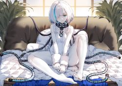 Rule 34 | 1girl, azur lane, backlighting, barefoot, black nails, blue eyes, blush, closed mouth, collar, colored skin, commentary request, couch, dress, hair over one eye, head tilt, indoors, knee up, looking at viewer, multicolored hair, nail polish, one eye covered, pale skin, plant, potted plant, short hair, siren (azur lane), sitting, smile, solo, streaked hair, sundress, tb (azur lane), tentacles, toenail polish, toenails, toes, white dress, white hair, white skin, window, you ni ge shaobing