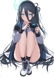 Rule 34 | 1girl, aris (blue archive), black hair, black hairband, blue archive, blue eyes, blue necktie, blush, breasts, controller, deca purio, dualsense, dualshock, game controller, gamepad, hairband, halo, holding, holding controller, holding game controller, jacket, legs, long hair, long sleeves, looking at viewer, necktie, parted lips, playstation controller, shoes, side ponytail, simple background, sitting, sketch, small breasts, smile, sneakers, socks, solo, very long hair, white background, white footwear
