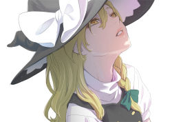 Rule 34 | 1girl, blonde hair, bow, braid, hair between eyes, hat, highres, kawayabug, kirisame marisa, lips, long hair, looking up, parted lips, shirt, simple background, solo, touhou, upper body, white background, white bow, witch hat, yellow eyes