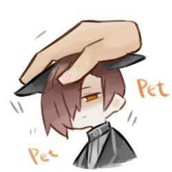 Rule 34 | 1boy, animal ears, black jacket, brown eyes, brown hair, closed mouth, commentary request, dog ears, empty eyes, english text, hair over one eye, harvest fes, headpat, jacket, librarian (project moon), library of ruina, mini person, miniboy, project moon, shaded face, shirt, short hair, solo focus, white shirt
