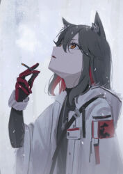 1girl animal_ear_fluff animal_ears arknights black_hair bracelet brown_eyes cigarette gloves hair_rings highres holding holding_cigarette jacket jewelry long_hair long_sleeves multicolored_hair nekoreito official_alternate_costume open_clothes open_jacket open_mouth red_gloves red_hair skirt snowing solo texas_(arknights) texas_(winter_messenger)_(arknights) two-tone_hair upper_body white_skirt wolf_ears