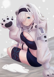 Rule 34 | 1girl, :p, absurdres, animal ears, animal hands, arknights, arm support, aurora (arknights), aurora (elite ii) (arknights), bear ears, black hairband, black shirt, black shorts, blue eyes, breasts, cleavage, commentary request, crop top, gloves, grey background, hair over one eye, hairband, hand up, highres, infection monitor (arknights), large breasts, long hair, looking at viewer, midriff, partial commentary, paw gloves, shirt, short shorts, shorts, shrug (clothing), silver hair, sitting, smile, solo, suki2000510, thigh strap, thighs, tongue, tongue out, white gloves