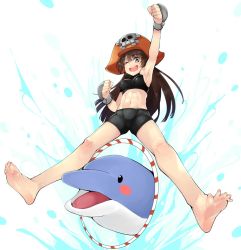 Rule 34 | 1girl, barefoot, brown eyes, brown hair, dolphin, feet, guilty gear, hat, long hair, looking at viewer, may (guilty gear), one eye closed, open mouth, soles, toes
