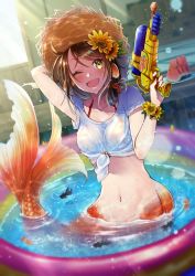 Rule 34 | 1girl, ;d, animal ears, arm behind head, arms up, bikini, bikini top only, blush, breasts, brown hair, collarbone, commentary request, fins, fish, flower, food, fruit, full body, goldfish, groin, hair between eyes, hair flower, hair ornament, hat, head fins, highres, holding, holding water gun, house, ichino tomizuki, lens flare, light rays, long hair, looking at viewer, medium breasts, medium hair, mermaid, midriff, monster girl, navel, one eye closed, open mouth, original, partially submerged, plate, red bikini, ripples, scales, see-through, shadow, shirt, short sleeves, sidelocks, smile, solo, sparkle, split tail, stomach, straw hat, striped bikini, striped bikini top, striped clothes, summer, sun hat, sunbeam, sunflower, sunflower hair ornament, sunlight, swimsuit, tied shirt, wading pool, water, water gun, watermelon, wet, wet clothes, wet shirt, white shirt, wrist flower, yellow eyes