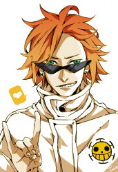Rule 34 | 1boy, artist request, glasses, green eyes, unworn headwear, heart pirates, jacket, jumpsuit, looking at viewer, male focus, one piece, orange hair, parted lips, shachi (one piece), smile, solo, sunglasses, teeth, upper body, white background, white jacket