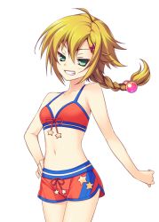 Rule 34 | 1girl, amagai yukino, blonde hair, blush, braid, breasts, clenched teeth, collarbone, game cg, green eyes, legs, long hair, looking at viewer, navel, simple background, small breasts, smile, solo, standing, swimsuit, teeth, thighs, tsuyokiss next shokaiban, white background